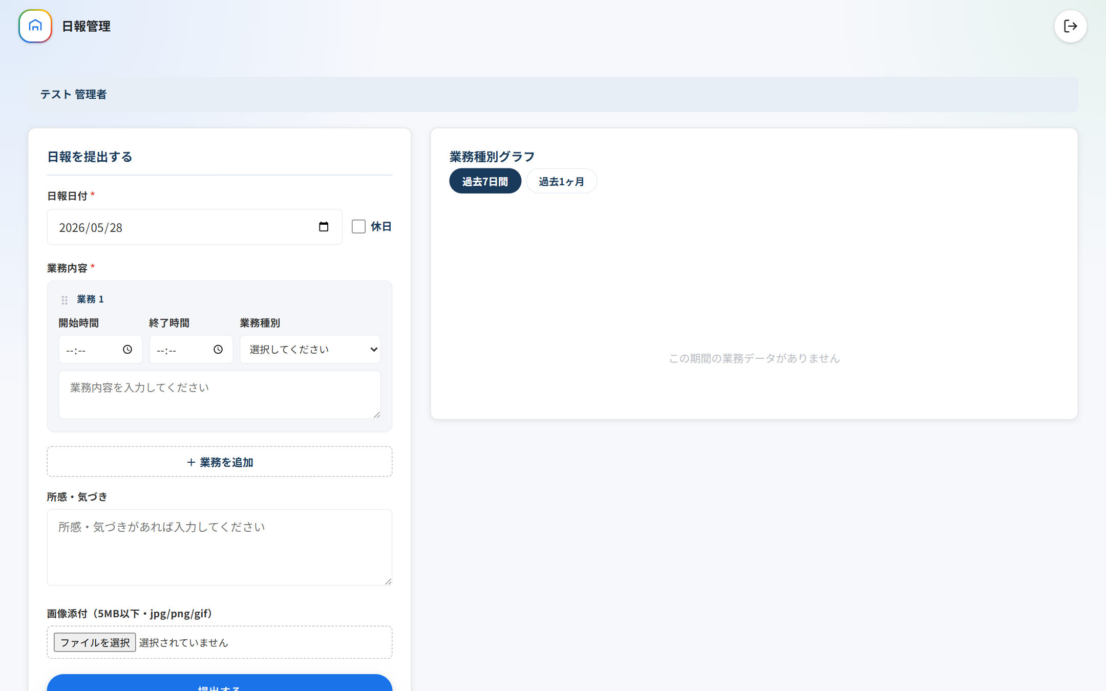 日報管理の全体画面（上＝提出フォーム、下＝一覧とグラフ）