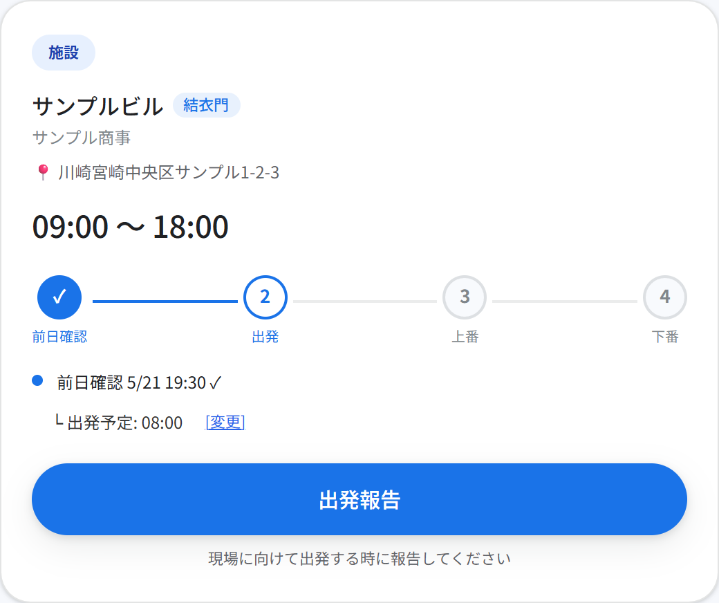 報告カード（例: 前日確認済み → 次は出発報告）